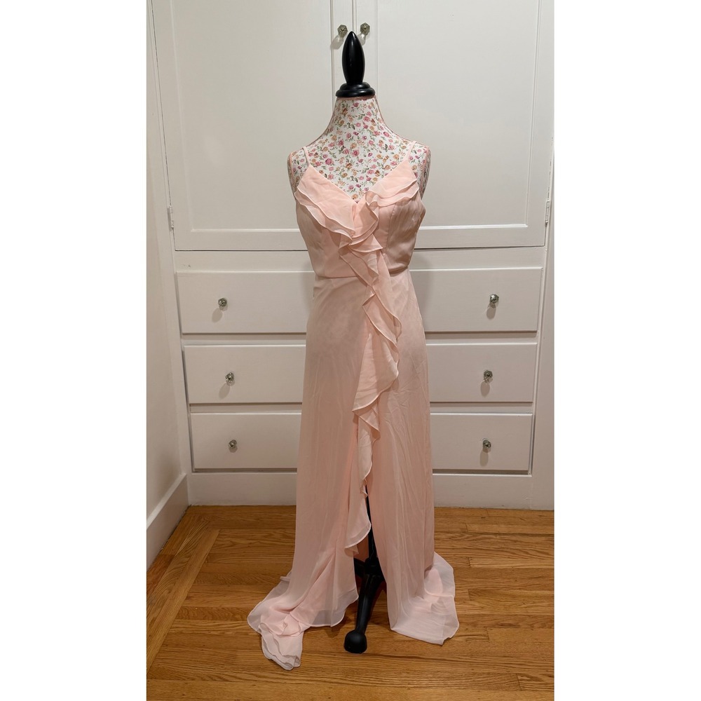 DB Studio Blush Pink Chiffon Ruffled V Neck Maxi Gown Formal Size 0